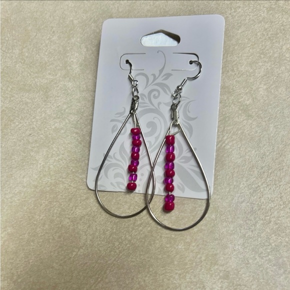 Pink Bead Tear Drop Earrings , Silver - Picture 3 of 4